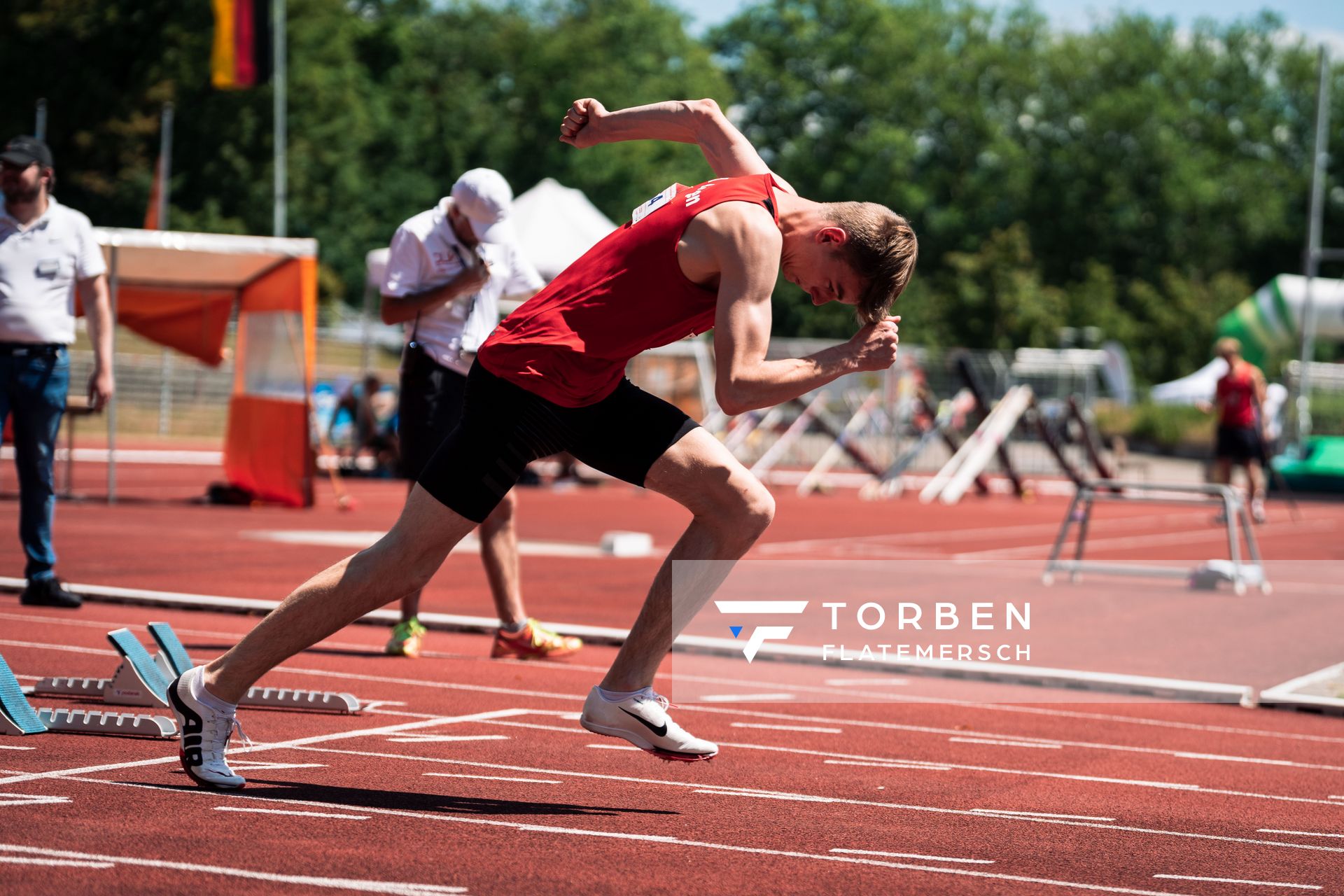Torben Lillie (VfL Lingen) ueber 100m am 02.07.2022 waehrend den NLV+BLV Leichtathletik-Landesmeisterschaften im Jahnstadion in Goettingen (Tag 1)